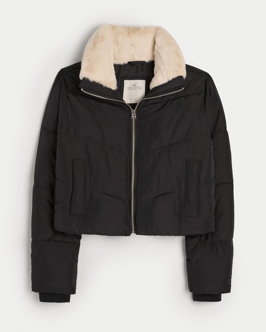 Hollister Black Mini Zip-up Faux Fur Collar Puffer Jacket