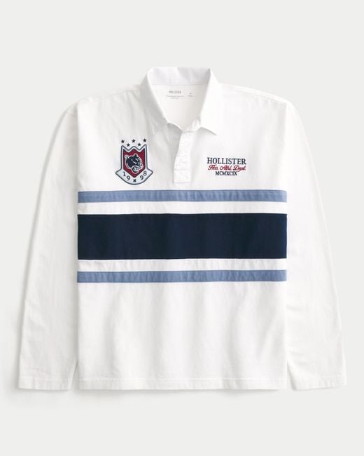 Hollister White Boxy Long-sleeve Logo Graphic Rugby Polo for men