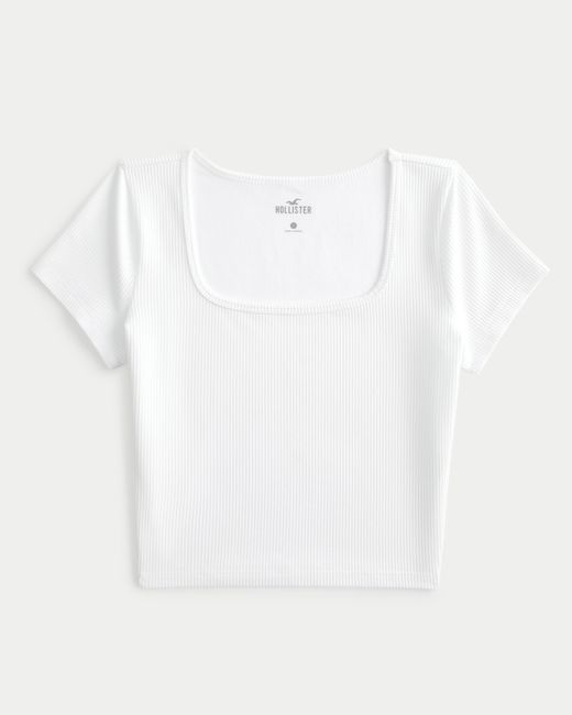 Hollister White Ribbed Seamless Fabric Square-neck Top