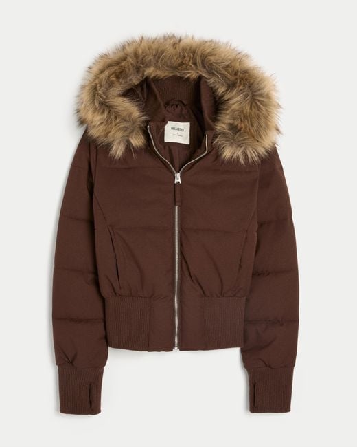 Hollister Brown Faux Fur Trim Puffer Bomber Jacket