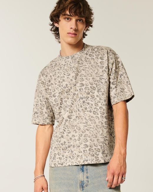 Hollister White Boxy Crop Heavyweight Leopard Print Crew T-shirt for men