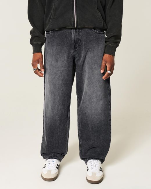 Hollister Gray Washed Black Logo Graphic Skater Baggy Jeans for men