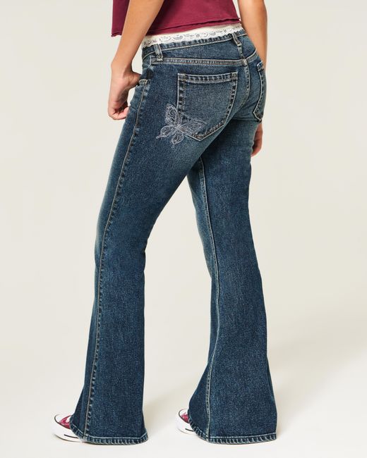 Hollister Blue Low-rise Dark Wash Tab Waist Bootcut Jeans