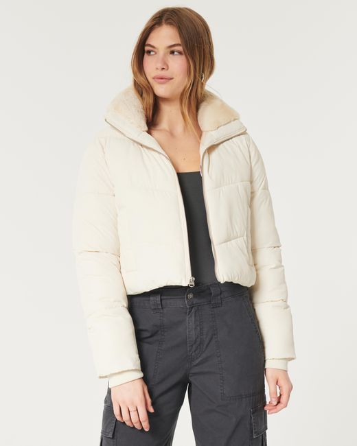 Hollister Natural Mini Zip-up Faux Fur Collar Puffer Jacket