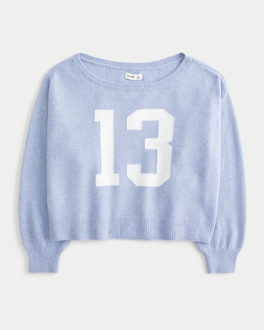 Hollister Blue Fy Cloud Easy Off-the-shoulder Number Graphic Sweater