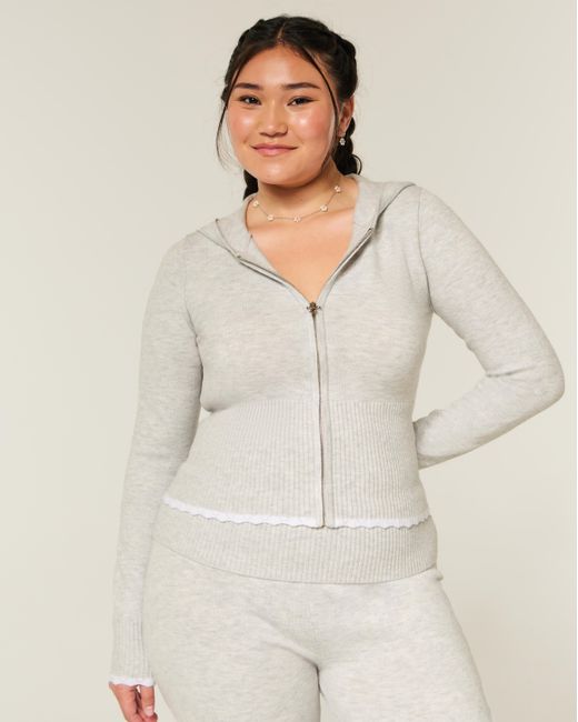 Hollister White Gilly Hicks Scalloped Hem Zip-up Hoodie Sweater