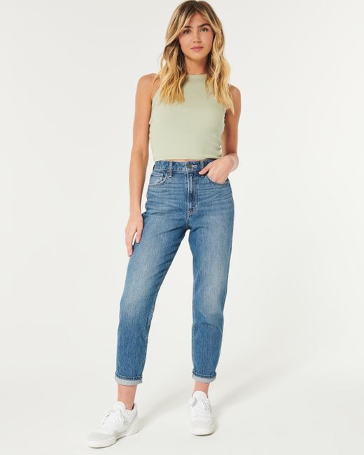 Hollister Blue Ultra High Rise Mom-Jeans in dunkler Waschung