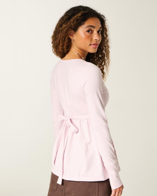 Hollister Pink Long-sleeve Pinch Bust Graphic Babydoll Top