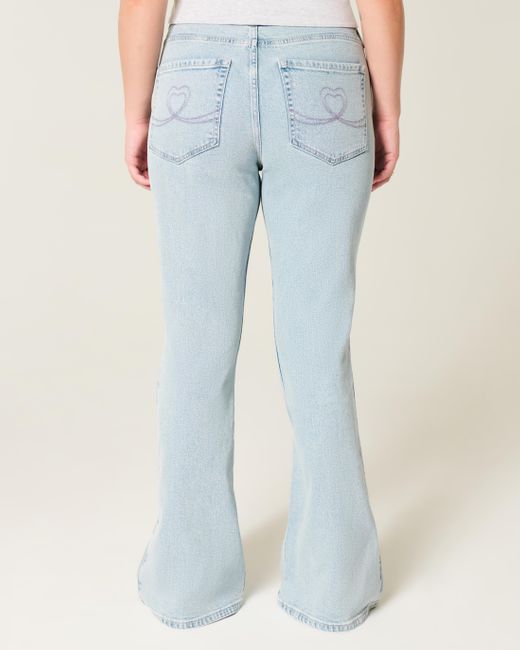Hollister Blue High-rise Light Wash Heart Embroidered Flare Jeans