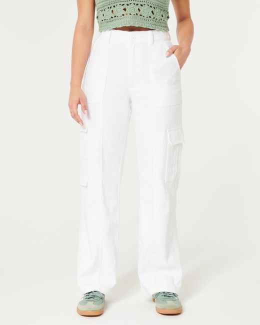 Hollister White Ultra High-rise Linen Blend Baggy 3-pocket Cargo Pants
