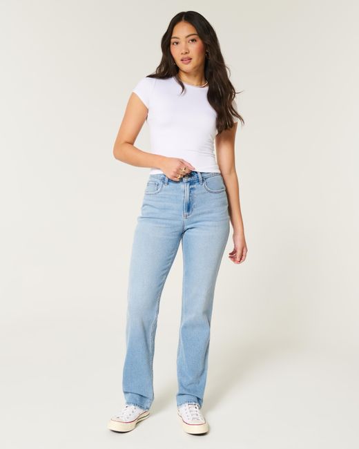 Hollister Blue Curvy High-rise Light Wash Straight Jeans