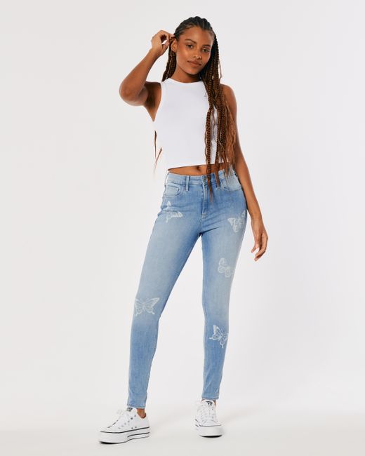 Hollister Curvy High-rise Medium Wash Butterfly Print Super Skinny Jeans in  Blue | Lyst UK