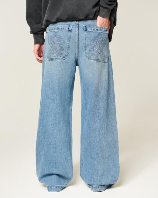 Hollister Blue Medium Wash Eagle Embroidery Super Baggy Jeans for men