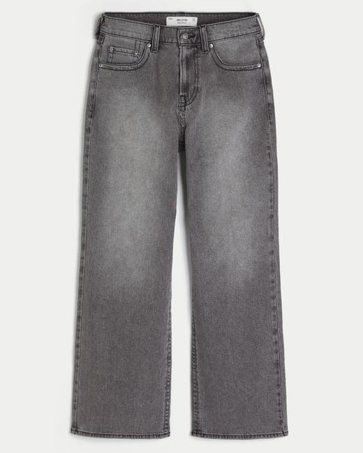 Hollister Gray Washed Black Embroidered Baggy Bootcut Jeans for men
