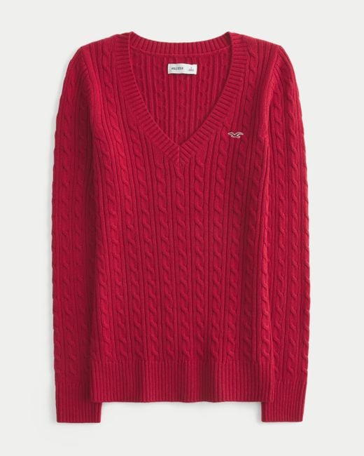Hollister Red Cable-knit V-neck Icon Sweater