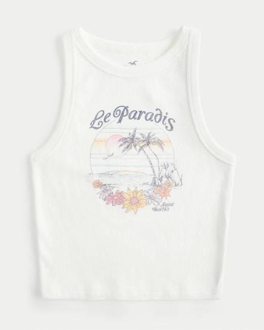 Hollister White Ribbed Le Paradis Graphic High-neck Tank