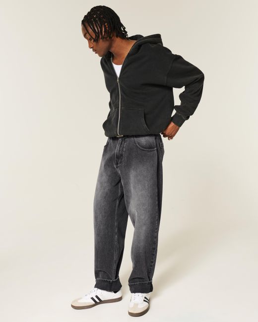 Hollister Gray Washed Black Logo Graphic Skater Baggy Jeans for men