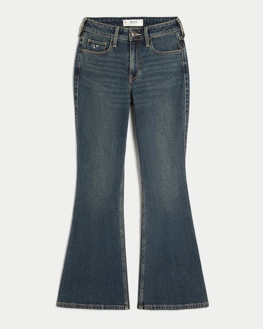 Hollister Blue High-rise Dark Wash Embroidered Florals Flare Jeans