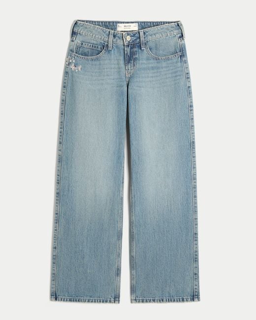 Hollister Blue Low-rise Medium Wash Butterfly Graphic Baggy Jeans