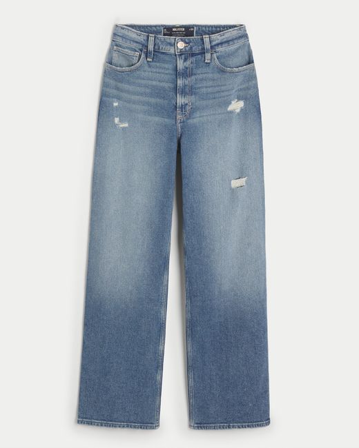 Hollister Blue Ultra High-rise Distressed Medium Wash Dad Jeans