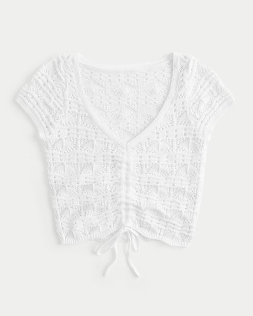 Hollister White Short-sleeve Reversible Cinch Crochet Sweater T-shirt