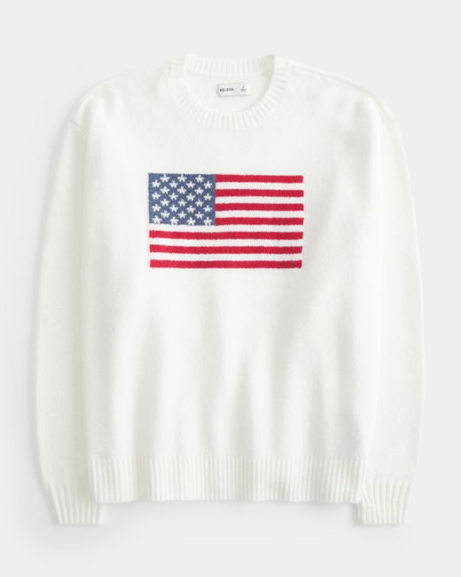Hollister White Fy Cloud American Flag Graphic Crew Sweater