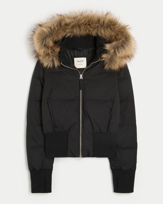 Hollister Black Faux Fur Trim Puffer Bomber Jacket