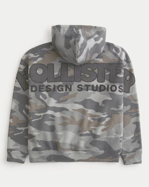Hollister Gray Boxy Camo Logo Graphic Hoodie for men