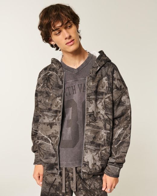 Hollister Kastiger Hoodie mit Reißverschluss, Thermo-Futter und Camo-Muster in Black für Herren