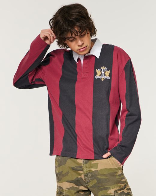 Hollister Red Boxy Long-sleeve Logo Graphic Rugby Polo for men