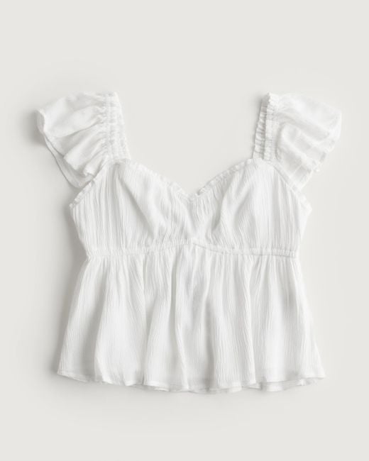Hollister White Flutter Sleeve Babydoll Top
