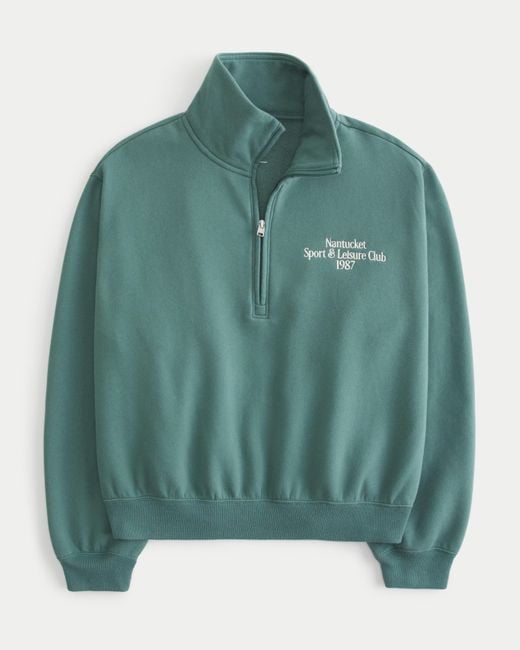 Hollister Green Lässiges Sweatshirt mit kurzem Reißverschluss und Nantucket-Grafik