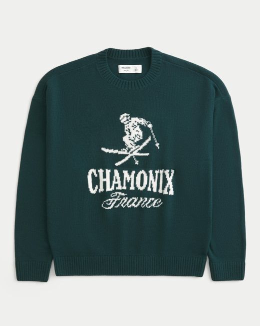 Hollister Green Boxy Chamonix France Graphic Crew Sweater for men