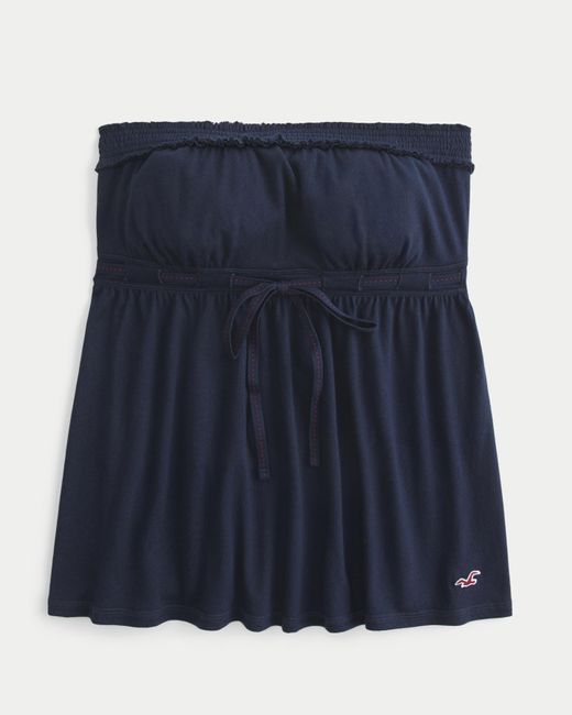Hollister Blue Strapless Tie Waist Babydoll Top