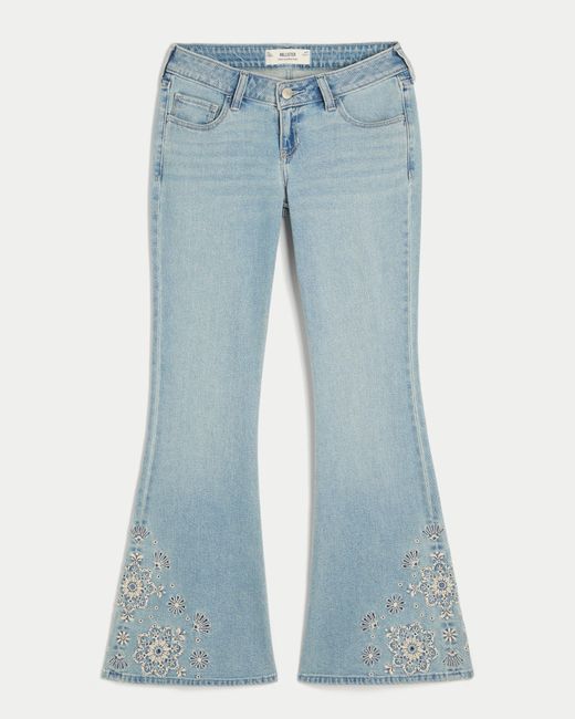 Hollister Blue Ultra Low-rise Light Wash Floral Embroidery Flare Jeans