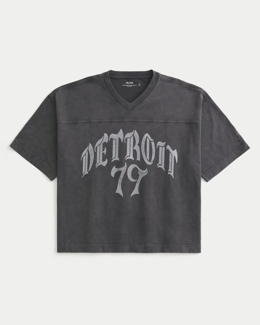 Hollister Black Heavyweight Baggy Crop Detroit Graphic Football T-shirt for men