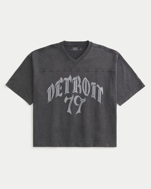 Hollister Black Heavyweight Baggy Crop Detroit Graphic Football T-shirt for men