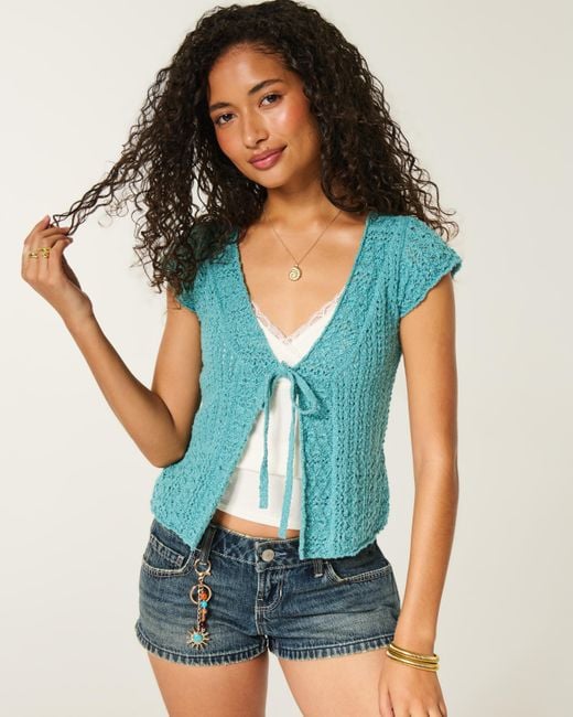 Hollister Blue Short-sleeve Tie Front Open-stitch Cardigan