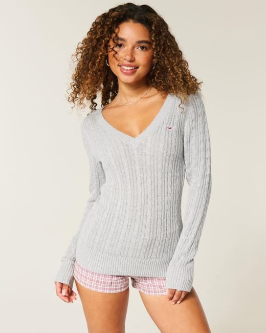 Hollister Gray Cable-knit Icon V-neck Sweater