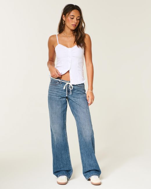 Hollister Blue Ultra Low-rise Mini Waistband Dark Wash Tie Waist Baggy Jeans
