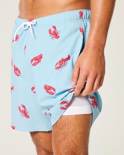 Hollister Blue Mid-thigh Seersucker Swim Trunks for men
