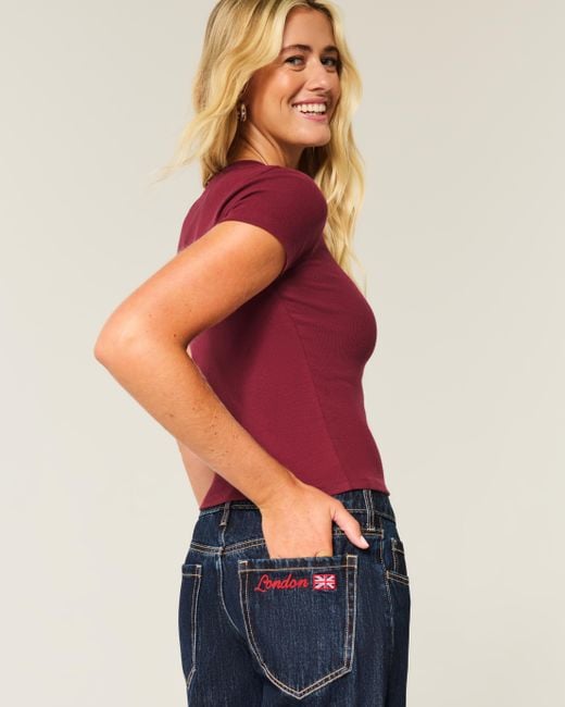 Hollister Blue Low-rise Dark Wash London Embroidered Baggy Jeans