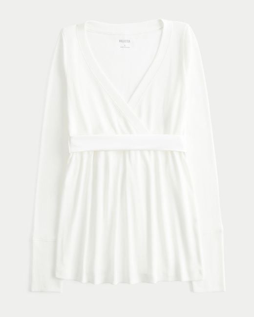 Hollister White Easy Long-sleeve Wrap-front Babydoll Top