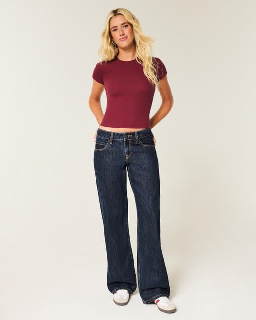 Hollister Blue Low-rise Dark Wash London Embroidered Baggy Jeans