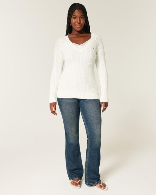 Hollister White Cable-knit Icon V-neck Sweater