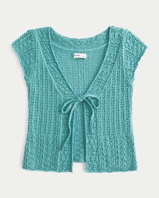 Hollister Blue Short-sleeve Tie Front Open-stitch Cardigan