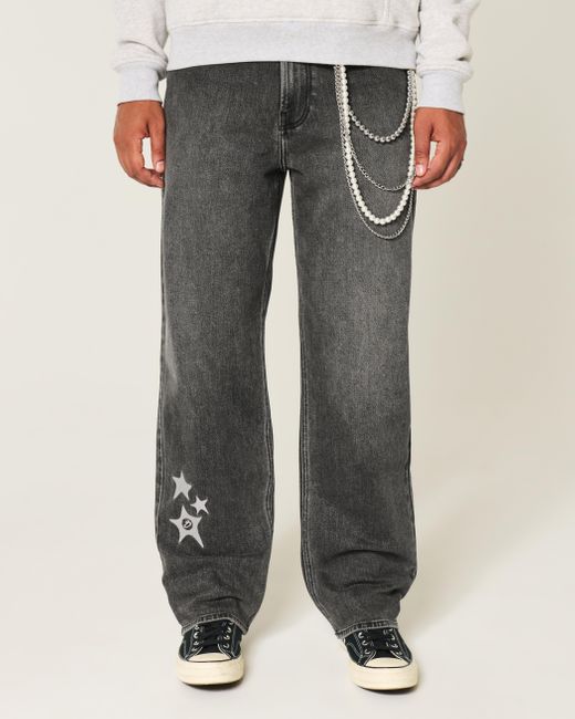 Hollister Gray Washed Black Star Graphic Baggy Jeans for men