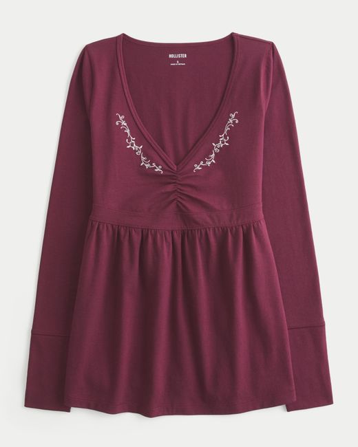 Hollister Purple Long-sleeve Pinch Bust Babydoll Top