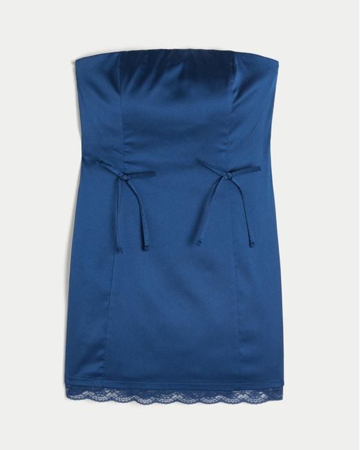 Hollister Blue Satin Strapless Bow Bodycon Dress
