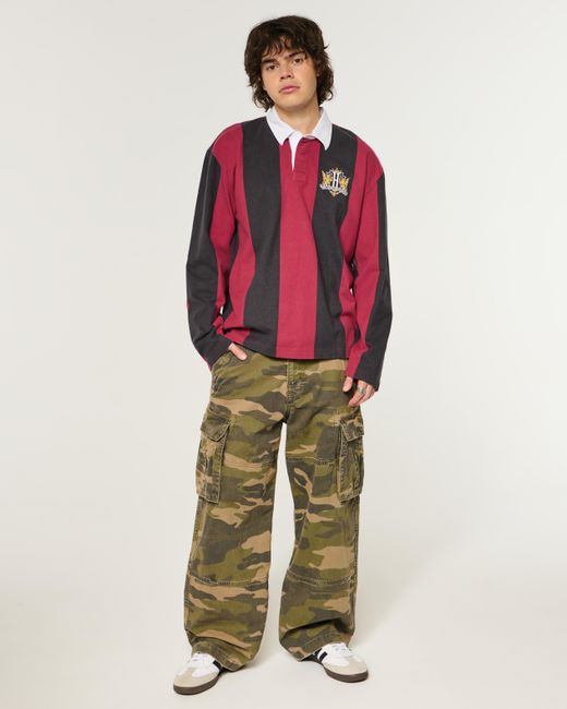 Hollister Red Boxy Long-sleeve Logo Graphic Rugby Polo for men